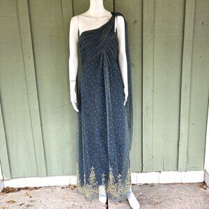 ALEX  EVENINGS Teal One Shoulder Shimmer Gown Formal Dress 10